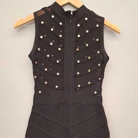 NWT Black Bandage Bodycon Sheer Mesh Mini Dress with Gold Studs - Picture 9 of 11